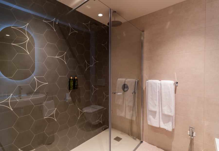 Baño de la habitación doble Baño de la habitación doble con ducha y amenities